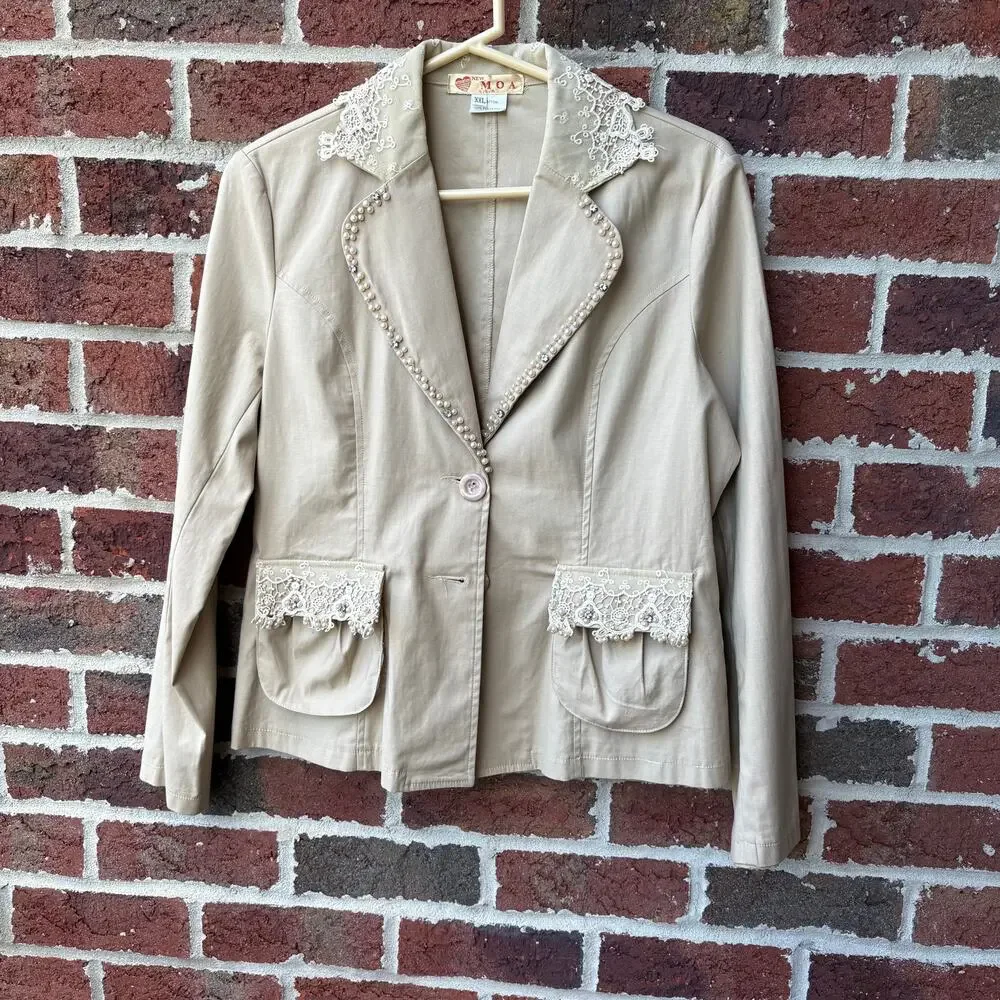 New MOA Lace Pearl Embellished Blazer Jacket Beige XXL